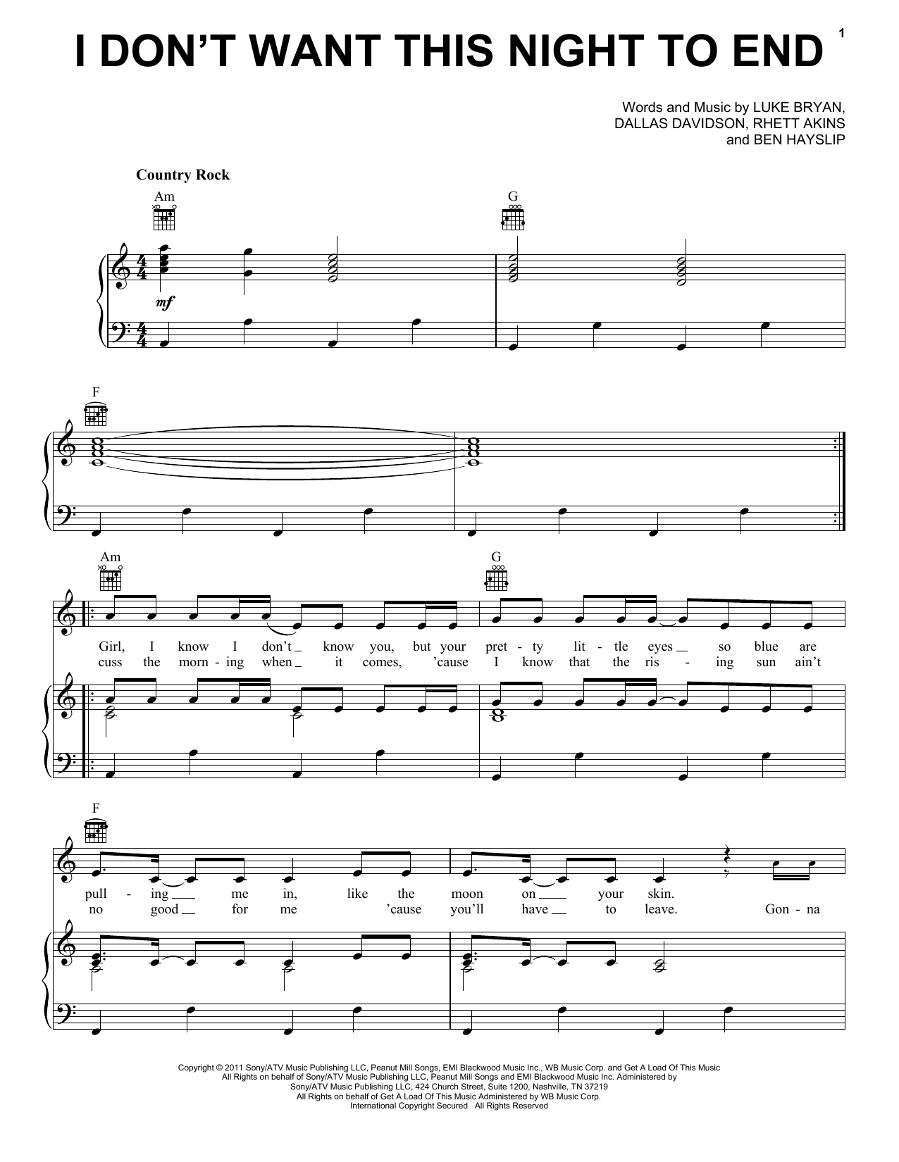 Learn to play Luke Bryan I Don't Want This Night To End sheet music for Piano, Vocal & Guitar Chords (Right-Hand Melody) in minutes. Price: 7.8900$ Luke Bryan I Don't Want This Night To End sheet music notes and chords arranged for Piano, Vocal & Guitar Chords (Right-Hand Melody)