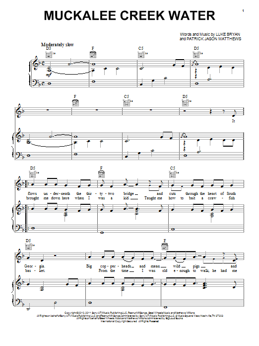 Learn to play Luke Bryan Muckalee Creek Water sheet music for Piano, Vocal & Guitar Chords (Right-Hand Melody) in minutes. Price: 7.8900$ Luke Bryan Muckalee Creek Water sheet music notes and chords arranged for Piano, Vocal & Guitar Chords (Right-Hand Melody)