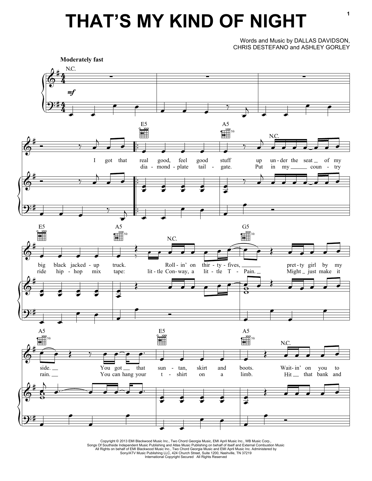 Learn to play Luke Bryan That's My Kind Of Night sheet music for Piano, Vocal & Guitar Chords (Right-Hand Melody) in minutes. Price: 7.8900$ Luke Bryan That's My Kind Of Night sheet music notes and chords arranged for Piano, Vocal & Guitar Chords (Right-Hand Melody)