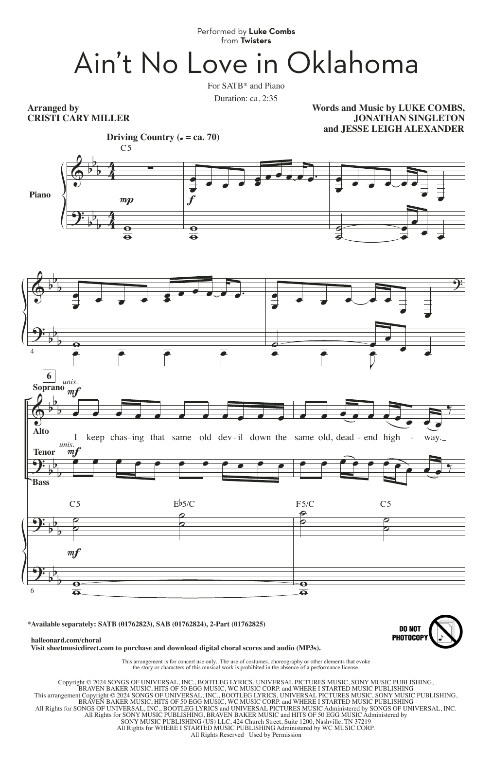 Luke Combs Ain't No Love In Oklahoma (from Twisters) (arr. Cristi Cary Miller) sheet music notes and chords. Download Printable PDF.