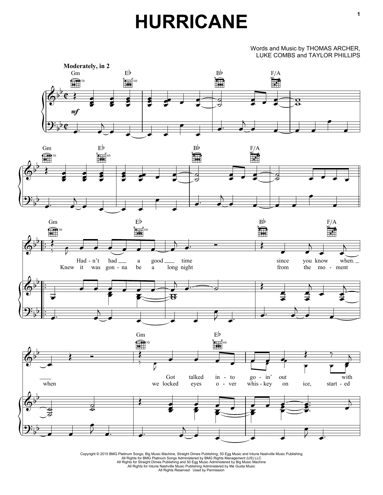 Learn to play Luke Combs Hurricane sheet music for Piano, Vocal & Guitar Chords (Right-Hand Melody) in minutes. Price: 7.8900$ Luke Combs Hurricane sheet music notes and chords arranged for Piano, Vocal & Guitar Chords (Right-Hand Melody)