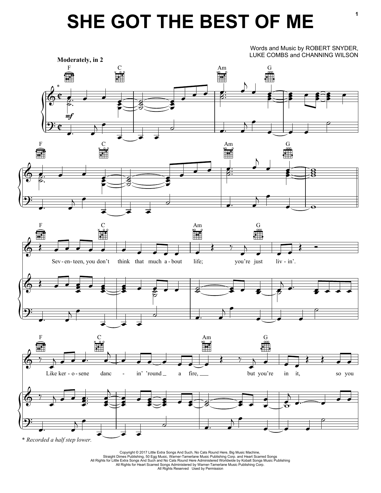 Luke Combs She Got The Best Of Me sheet music notes and chords. Download Printable PDF.