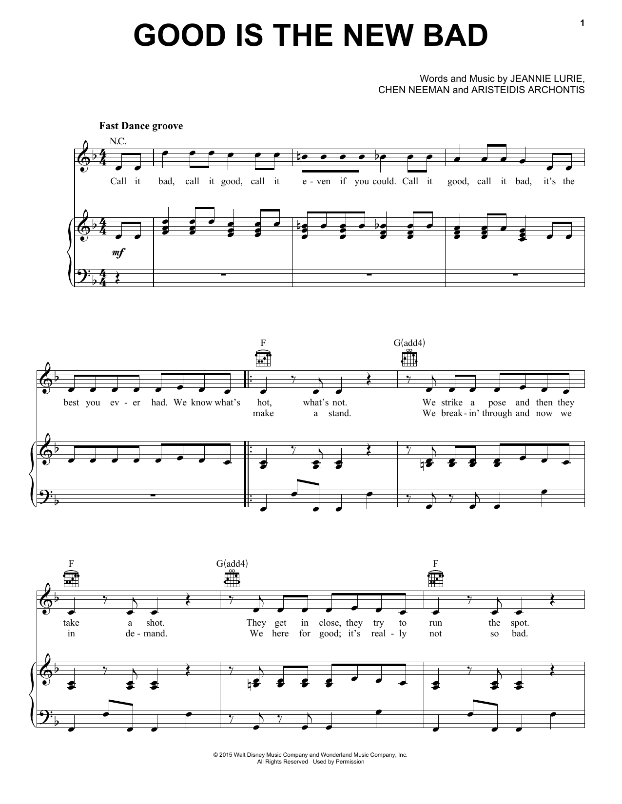 Learn to play Lurie, Neeman, & Archontis Good Is The New Bad (from Disney's Descendants) sheet music for Piano, Vocal & Guitar Chords (Right-Hand Melody) in minutes. Price: 7.8900$ Lurie, Neeman, & Archontis Good Is The New Bad (from Disney's Descendants) sheet music notes and chords arranged for Piano, Vocal & Guitar Chords (Right-Hand Melody)