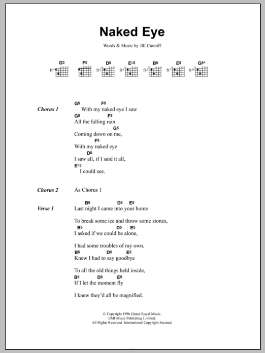 Learn to play Luscious Jackson Naked Eye sheet music for Piano, Vocal & Guitar Chords (Right-Hand Melody) in minutes. Price: 7.8900$ Luscious Jackson Naked Eye sheet music notes and chords arranged for Piano, Vocal & Guitar Chords (Right-Hand Melody)