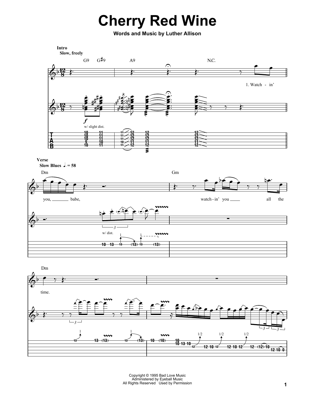 Luther Allison Cherry Red Wine sheet music notes and chords. Download Printable PDF.