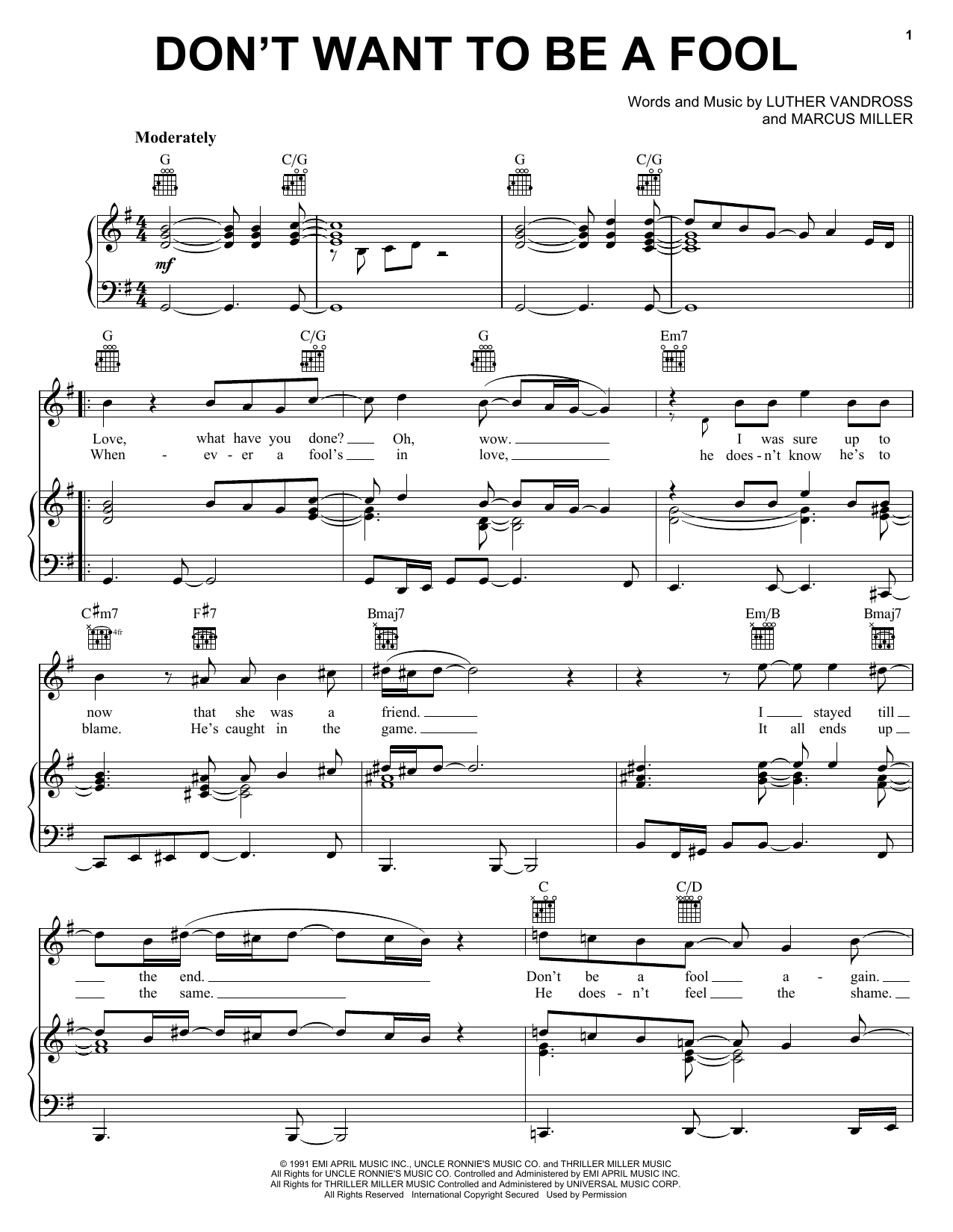 Luther Vandross Don't Want To Be A Fool sheet music notes and chords. Download Printable PDF.