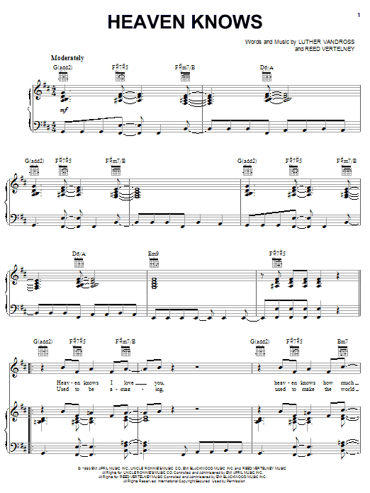 Learn to play Luther Vandross Heaven Knows sheet music for Piano, Vocal & Guitar Chords (Right-Hand Melody) in minutes. Price: 7.8900$ Luther Vandross Heaven Knows sheet music notes and chords arranged for Piano, Vocal & Guitar Chords (Right-Hand Melody)