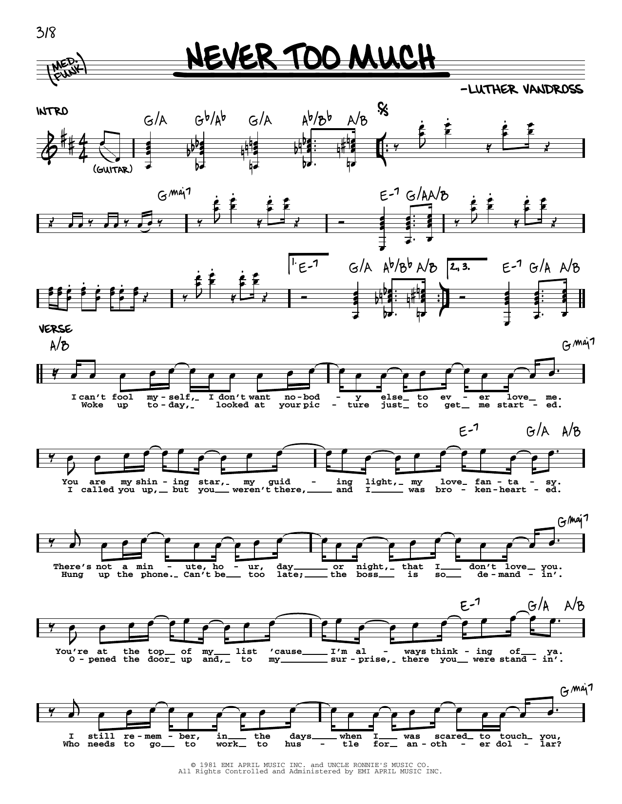 Luther Vandross Never Too Much sheet music notes and chords. Download Printable PDF.