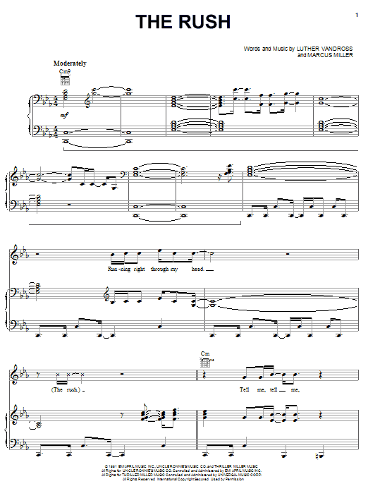 Learn to play Luther Vandross The Rush sheet music for Piano, Vocal & Guitar Chords (Right-Hand Melody) in minutes. Price: 7.8900$ Luther Vandross The Rush sheet music notes and chords arranged for Piano, Vocal & Guitar Chords (Right-Hand Melody)