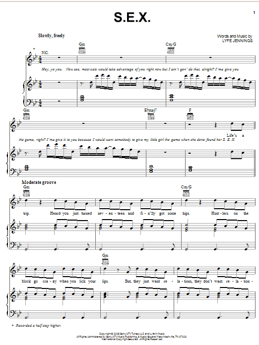 Learn to play Lyfe Jennings S.E.X. sheet music for Piano, Vocal & Guitar Chords (Right-Hand Melody) in minutes. Price: 7.8900$ Lyfe Jennings S.E.X. sheet music notes and chords arranged for Piano, Vocal & Guitar Chords (Right-Hand Melody)