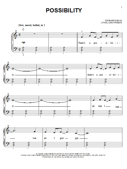 Lykke Li Possibility sheet music notes and chords. Download Printable PDF.