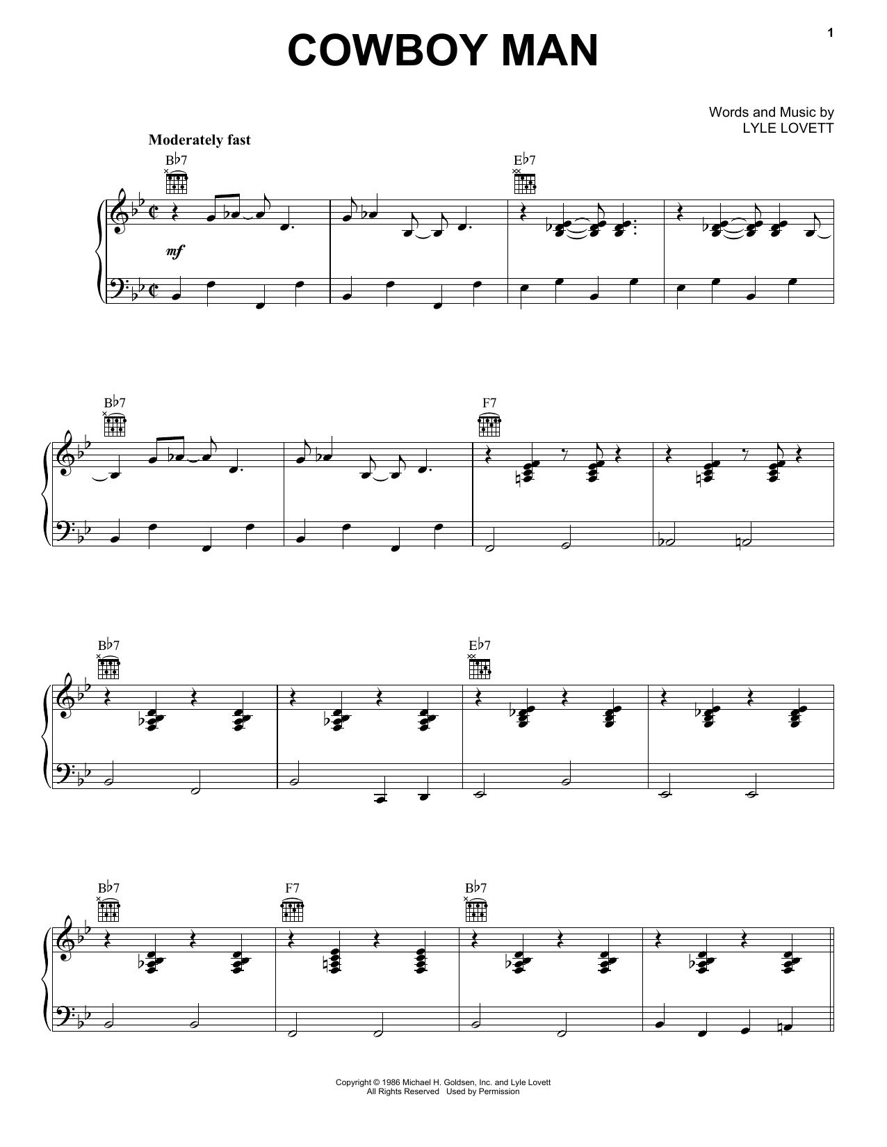 Learn to play Lyle Lovett Cowboy Man sheet music for Piano, Vocal & Guitar Chords (Right-Hand Melody) in minutes. Price: 7.8900$ Lyle Lovett Cowboy Man sheet music notes and chords arranged for Piano, Vocal & Guitar Chords (Right-Hand Melody)