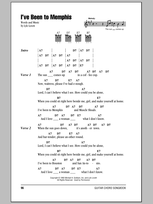 Learn to play Lyle Lovett I've Been To Memphis sheet music for Piano, Vocal & Guitar Chords (Right-Hand Melody) in minutes. Price: 7.8900$ Lyle Lovett I've Been To Memphis sheet music notes and chords arranged for Piano, Vocal & Guitar Chords (Right-Hand Melody)