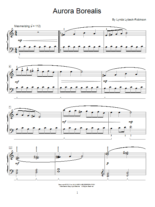 Learn to play Lynda Lybeck-Robinson Aurora Borealis sheet music for Educational Piano in minutes. Price: 6.9900$ Lynda Lybeck-Robinson Aurora Borealis sheet music notes and chords arranged for Educational Piano