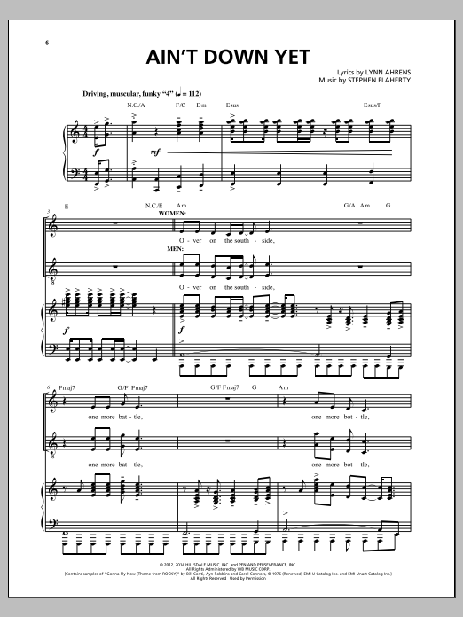 Learn to play Stephen Flaherty Ain't Down Yet sheet music for Piano & Vocal in minutes. Price: 7.8900$ Stephen Flaherty Ain't Down Yet sheet music notes and chords arranged for Piano & Vocal