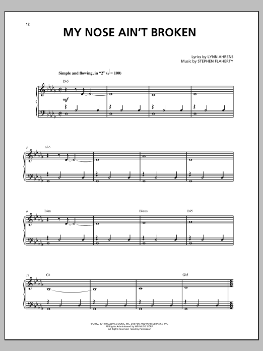 Learn to play Stephen Flaherty My Nose Ain't Broken sheet music for Piano & Vocal in minutes. Price: 7.8900$ Stephen Flaherty My Nose Ain't Broken sheet music notes and chords arranged for Piano & Vocal