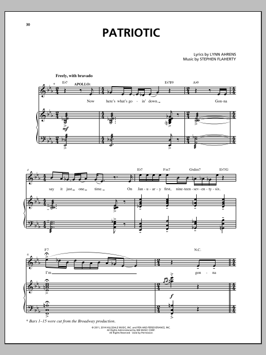 Learn to play Stephen Flaherty Patriotic sheet music for Piano & Vocal in minutes. Price: 7.8900$ Stephen Flaherty Patriotic sheet music notes and chords arranged for Piano & Vocal
