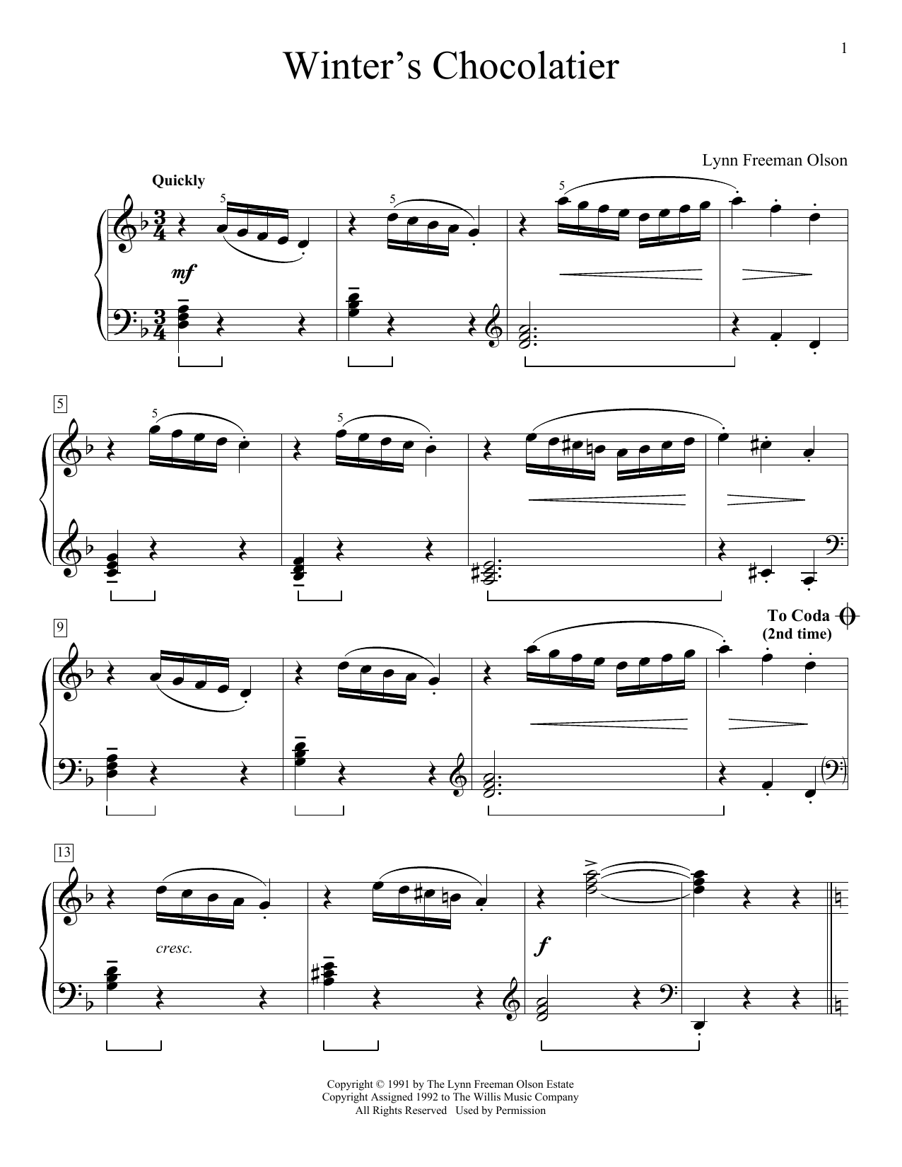Learn to play Lynn Freeman Olson Winter's Chocolatier sheet music for Educational Piano in minutes. Price: 6.9900$ Lynn Freeman Olson Winter's Chocolatier sheet music notes and chords arranged for Educational Piano
