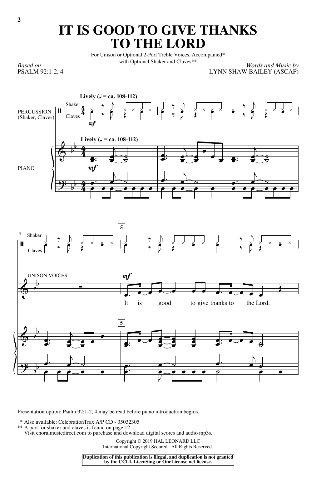 Lynn Shaw Bailey It Is Good To Give Thanks To The Lord sheet music notes and chords. Download Printable PDF.