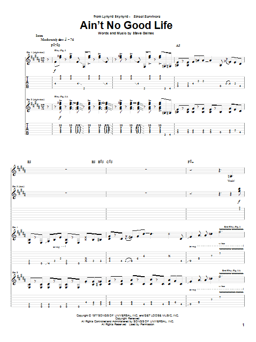 Lynyrd Skynyrd Ain't No Good Life sheet music notes and chords arranged for Guitar Tab