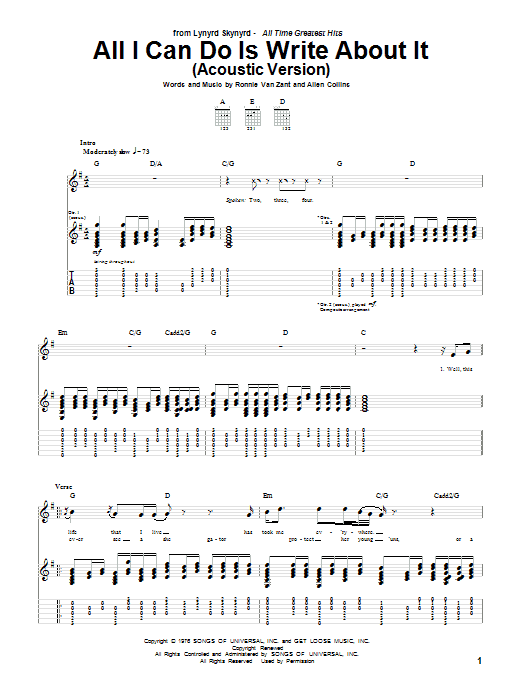 Lynyrd Skynyrd All I Can Do Is Write About It sheet music notes and chords. Download Printable PDF.