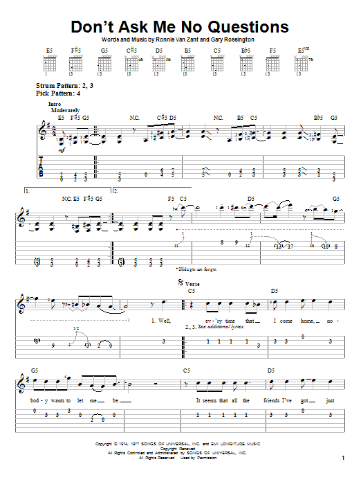 Lynyrd Skynyrd Don't Ask Me No Questions sheet music notes and chords. Download Printable PDF.