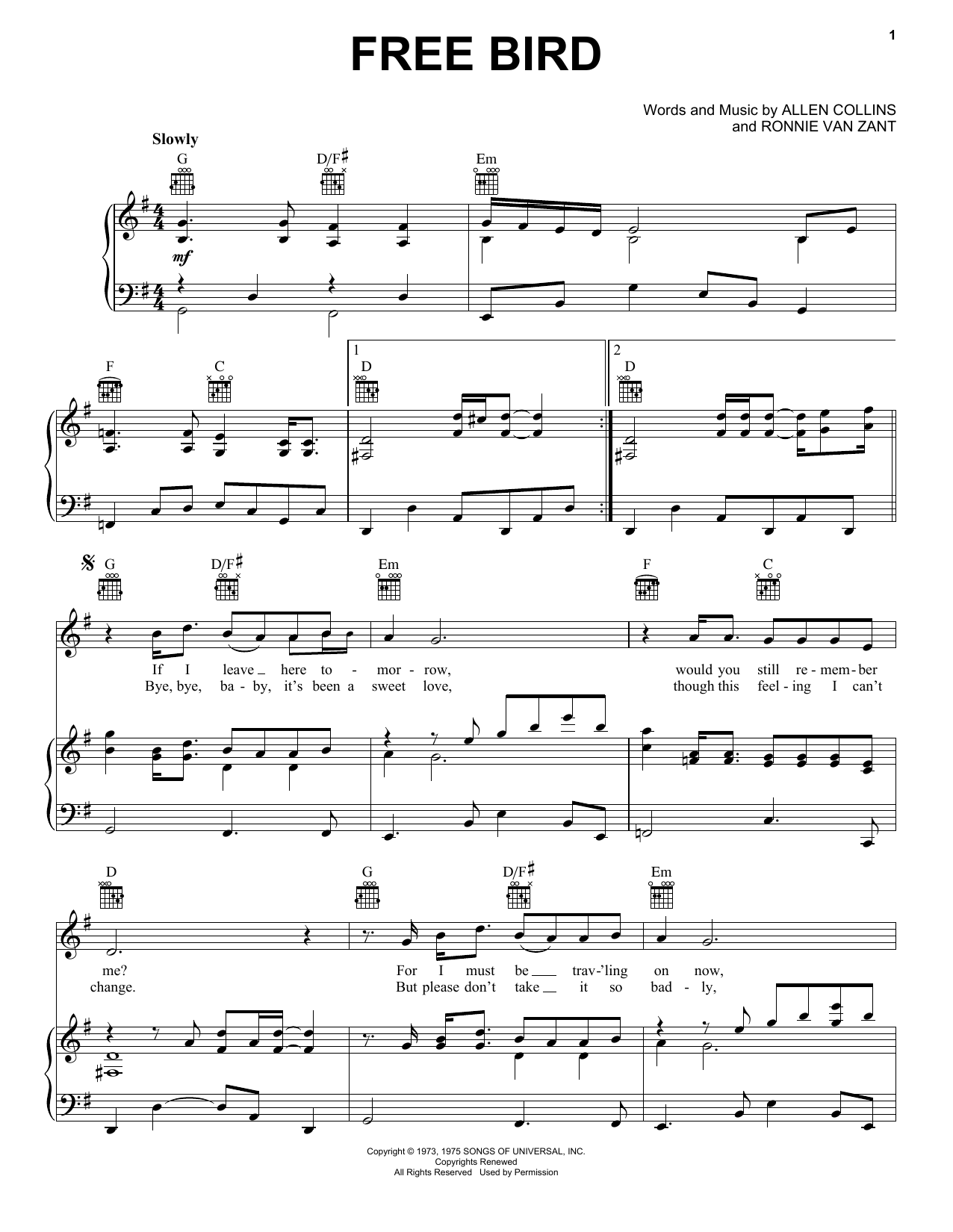 Lynyrd Skynyrd Free Bird sheet music notes and chords. Download Printable PDF.