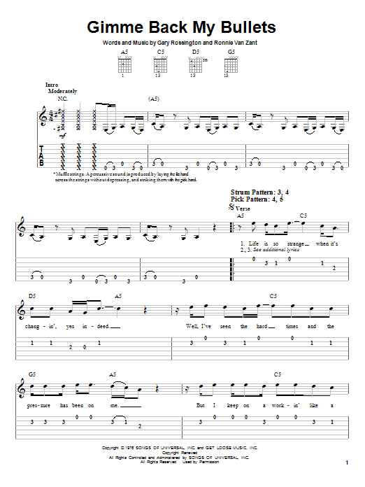 Lynyrd Skynyrd Gimme Back My Bullets sheet music notes and chords. Download Printable PDF.