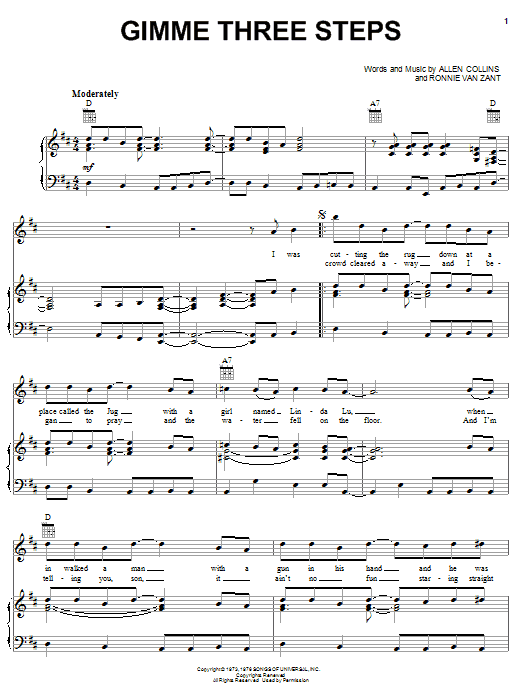 Lynyrd Skynyrd Gimme Three Steps sheet music notes and chords. Download Printable PDF.