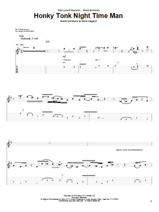 Lynyrd Skynyrd Honky Tonk Night Time Man sheet music notes and chords. Download Printable PDF.