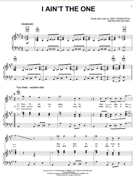 Lynyrd Skynyrd I Ain't The One sheet music notes and chords arranged for Piano, Vocal & Guitar Chords (Right-Hand Melody)