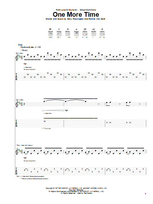 Lynyrd Skynyrd One More Time sheet music notes and chords arranged for Guitar Tab