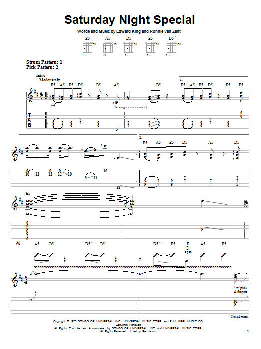 Lynyrd Skynyrd Saturday Night Special sheet music notes and chords. Download Printable PDF.