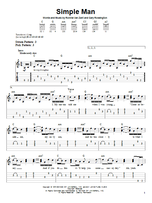 Lynyrd Skynyrd Simple Man sheet music notes and chords. Download Printable PDF.