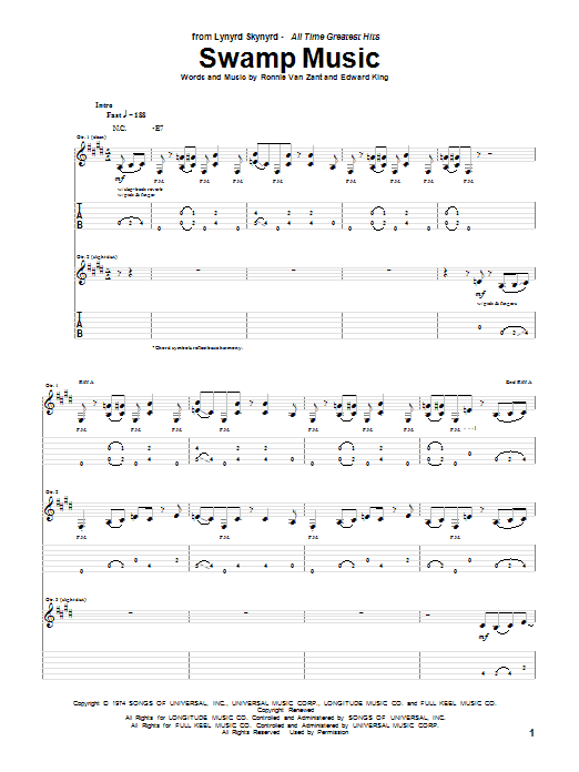 Learn to play Lynyrd Skynyrd Swamp Music sheet music for Guitar Tab in minutes. Price: 7.8900$ Lynyrd Skynyrd Swamp Music sheet music notes and chords arranged for Guitar Tab