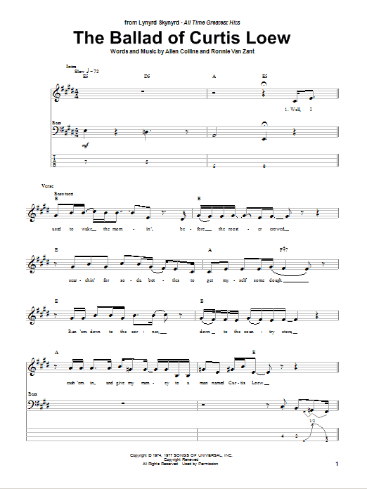 Lynyrd Skynyrd The Ballad Of Curtis Loew sheet music notes and chords. Download Printable PDF.