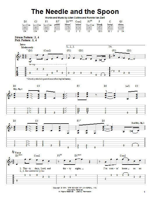 Lynyrd Skynyrd The Needle And The Spoon sheet music notes and chords. Download Printable PDF.