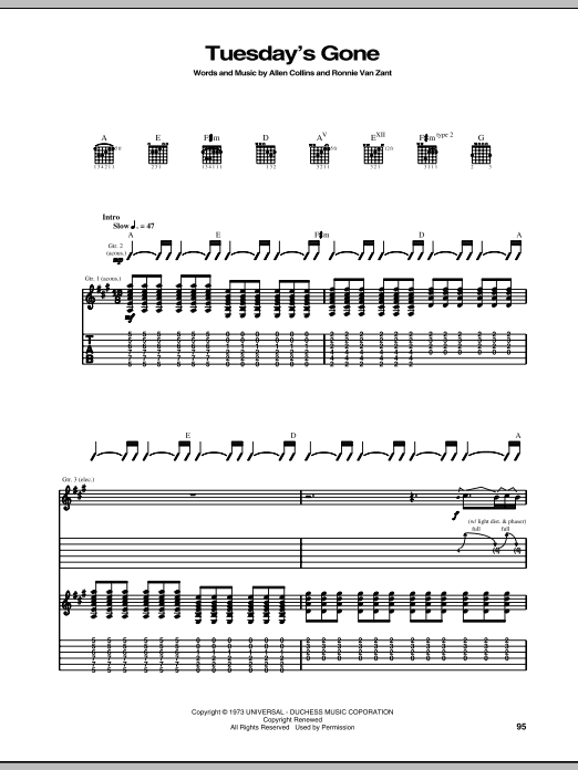 Lynyrd Skynyrd Tuesday's Gone sheet music notes and chords. Download Printable PDF.