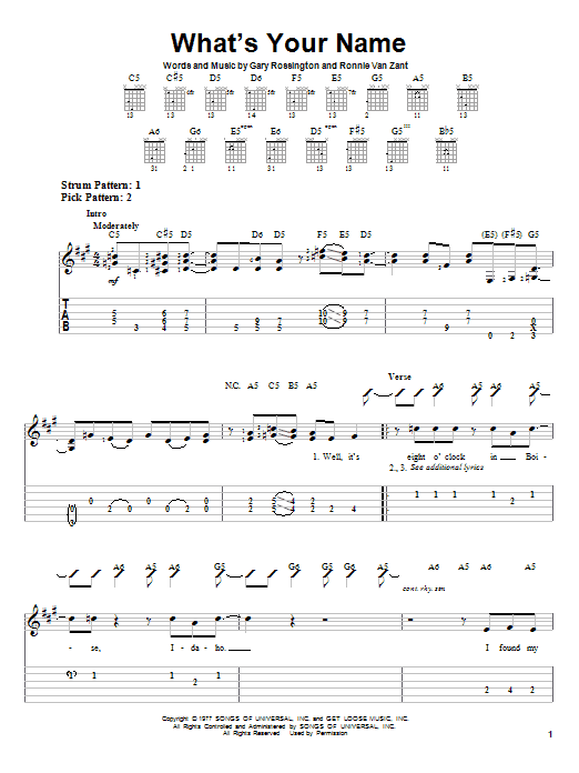 Lynyrd Skynyrd What's Your Name sheet music notes and chords. Download Printable PDF.