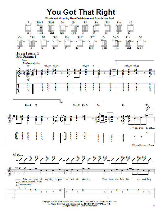 Lynyrd Skynyrd You Got That Right sheet music notes and chords. Download Printable PDF.