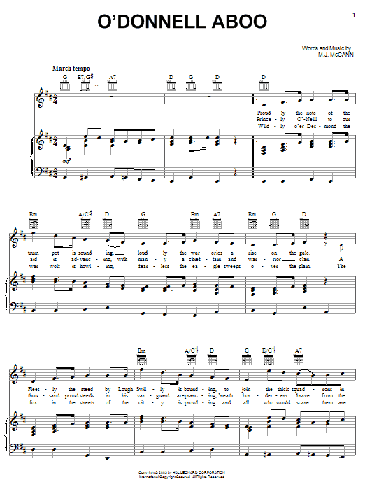 Learn to play M. J. McCann O'Donnell Aboo sheet music for Piano, Vocal & Guitar Chords (Right-Hand Melody) in minutes. Price: 7.8900$ M. J. McCann O'Donnell Aboo sheet music notes and chords arranged for Piano, Vocal & Guitar Chords (Right-Hand Melody)