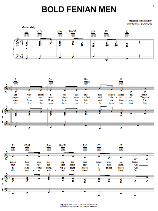 Learn to play M. Scanlan Bold Fenian Men sheet music for Piano, Vocal & Guitar Chords (Right-Hand Melody) in minutes. Price: 7.8900$ M. Scanlan Bold Fenian Men sheet music notes and chords arranged for Piano, Vocal & Guitar Chords (Right-Hand Melody)
