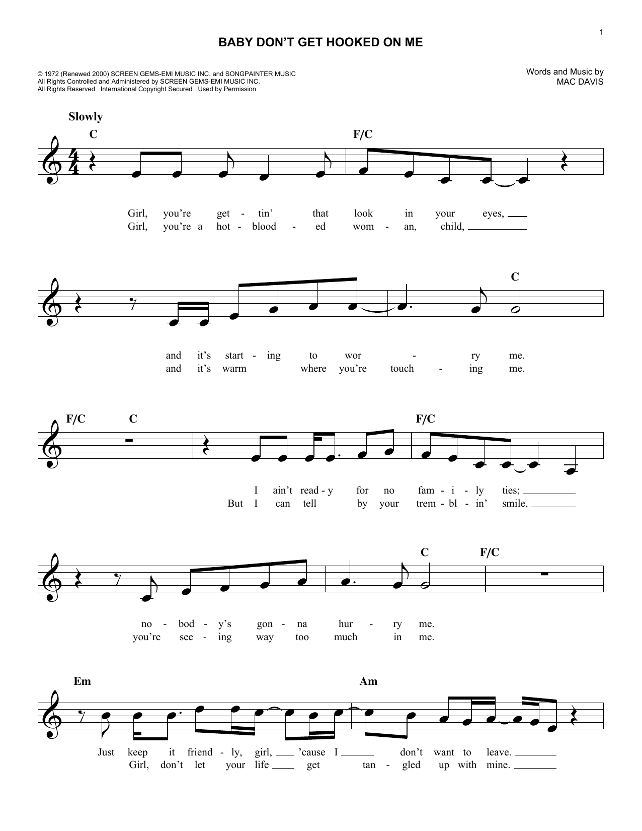 Mac Davis Baby Don't Get Hooked On Me sheet music notes and chords. Download Printable PDF.