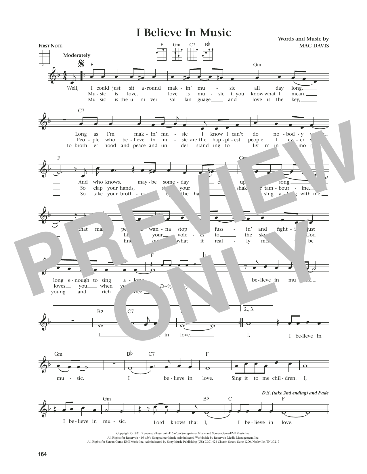 Mac Davis I Believe In Music (from The Daily Ukulele) (arr. Jim Beloff) sheet music notes and chords. Download Printable PDF.