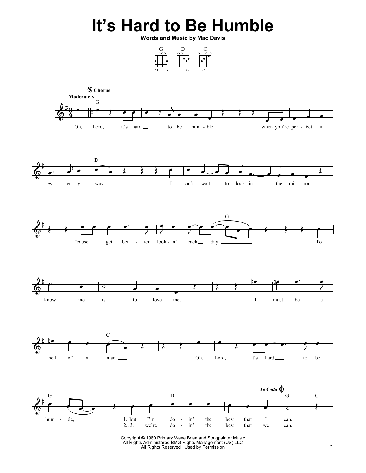 Mac Davis It's Hard To Be Humble sheet music notes and chords. Download Printable PDF.