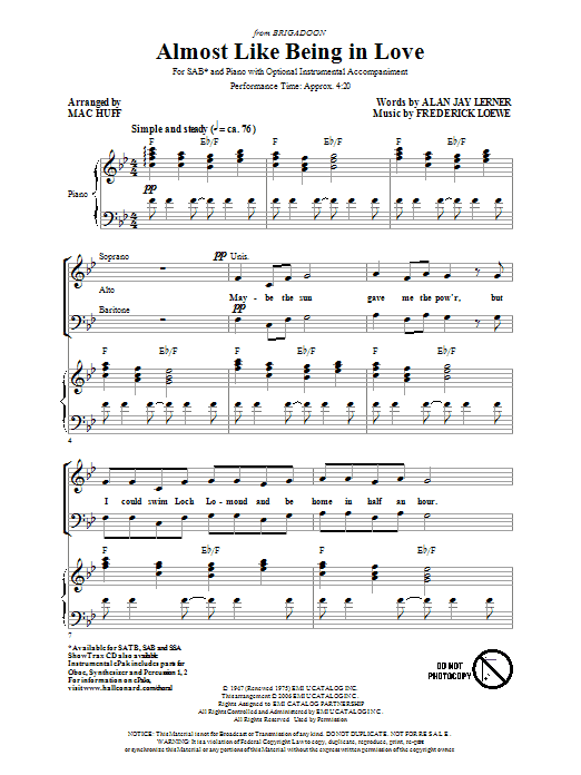 Learn to play Lerner & Loewe Almost Like Being In Love (arr. Mac Huff) sheet music for SAB Choir in minutes. Price: 3.9900$ Lerner & Loewe Almost Like Being In Love (arr. Mac Huff) sheet music notes and chords arranged for SAB Choir