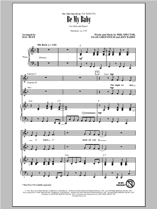 The Ronettes Be My Baby (arr. Mac Huff) sheet music notes and chords arranged for SSA Choir