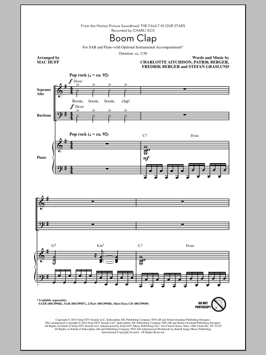 Charli XCX Boom Clap (arr. Mac Huff) sheet music notes and chords. Download Printable PDF.