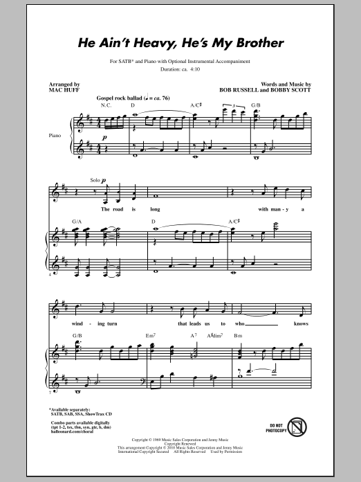 Mac Huff He Ain't Heavy, He's My Brother sheet music notes and chords. Download Printable PDF.