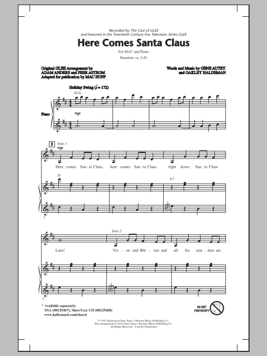 Glee Cast Here Comes Santa Claus (Right Down Santa Claus Lane) (arr. Mac Huff) sheet music notes and chords. Download Printable PDF.